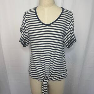 Eyeshadow Navy White Stripe Tie Front Tee Small Scallop Eyelet Sleeves